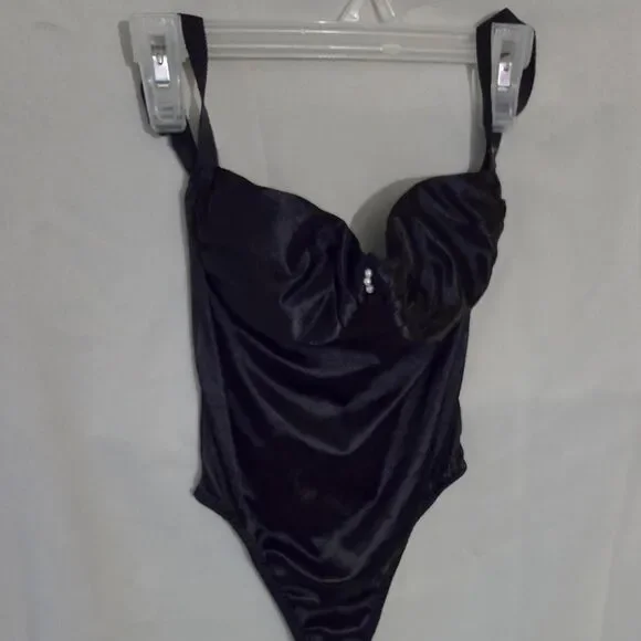 VTG Oscar de la Renta Black Satin Bodysuit80s Designer Lingerie Teddy.high